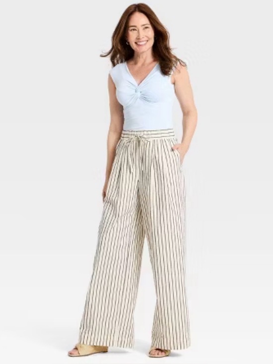 a new day Pants - A New Day Cream Tan Striped linen blend Casual lounge pants women’s size Small